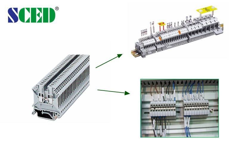 الزاوية اليمنى مدخل السلك 600V 50A الكتل الطرفية المثبتة على السكك الحديدية العرض 8.2 مم