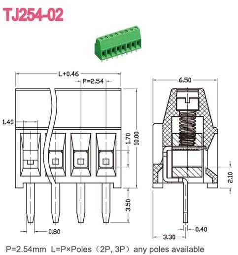 2.54mm بب محطة كتلة النحاس الأخضر زاوية الحق مدخل الأسلاك