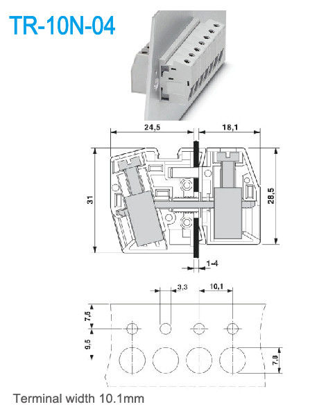 10.1mm عرض المحطة من خلال اللوحة وحدات المحطة النحاس UL94 V0 65A 300V 2P-24P