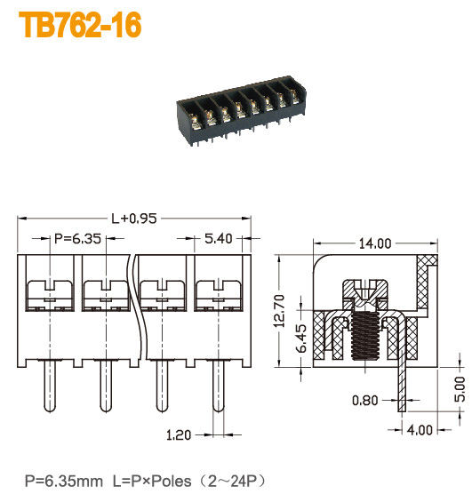 بت حاجز محطة كتلة 6.35mm الملعب 300V 15A النحاس UL94 V0