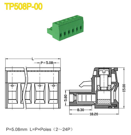 300V / 18A أنثى أجزاء كتل كهربائية طرفية M3 برغي الملعب 5.08mm