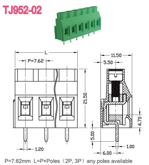 النحاس 7.62mm الملعب PCB برغي محطة كتلة M3 300V 30A PA66 UL94-V0 Class