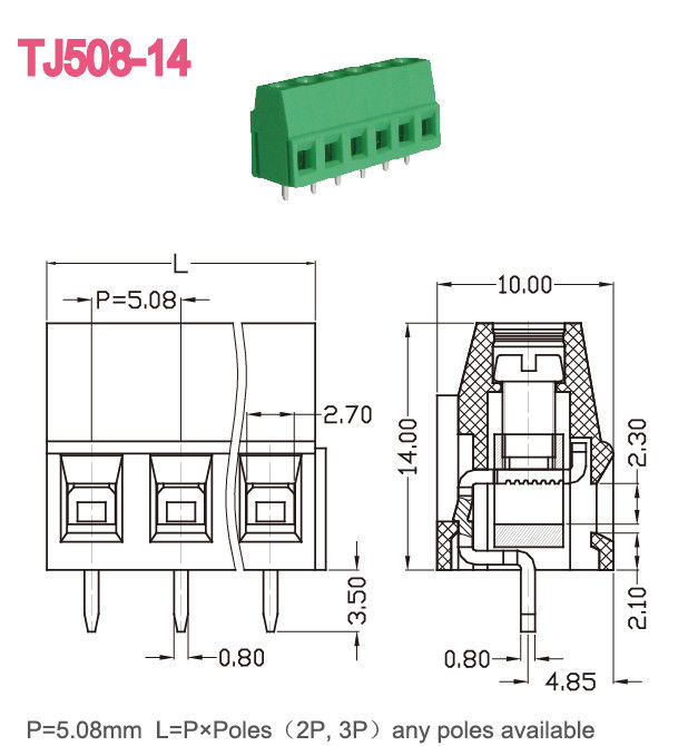 اللون الأخضر 5.08 مم الملعب PCB المسمار محطة كتلة 300V 10A M3 2-24 أقطاب