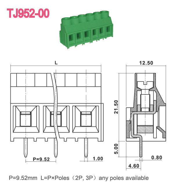 اللون الأخضر M3 برغي 9.52mm PCB Terminal Block 300V 30A 2-16 Poles