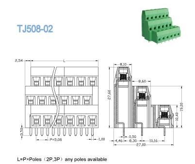 ثلاثية المستويات PCB جبل المسمار محطة كتلة رفع سلسلة 5.08mm الملعب النحاس
