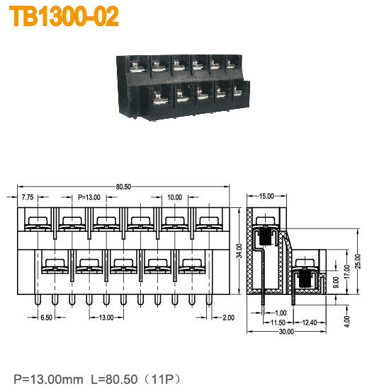 2 صفوف حاجز الحاجز الحديدية الكتلة الأمريكية النوع 600V / 40A 11 القطب 13mm الطول النحاس