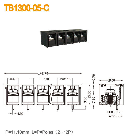 كتلة طرفي حاجز أسود 40A لغطاء الطاقة 2-18 أقطاب / M4 برغي نحاسي PBT