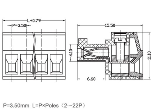 قطعة محطة إناثية قابلة للتوصيل 3.5mm Pitch 300V 8A 2-22 القطب PA66 M2 المسمار الأخضر