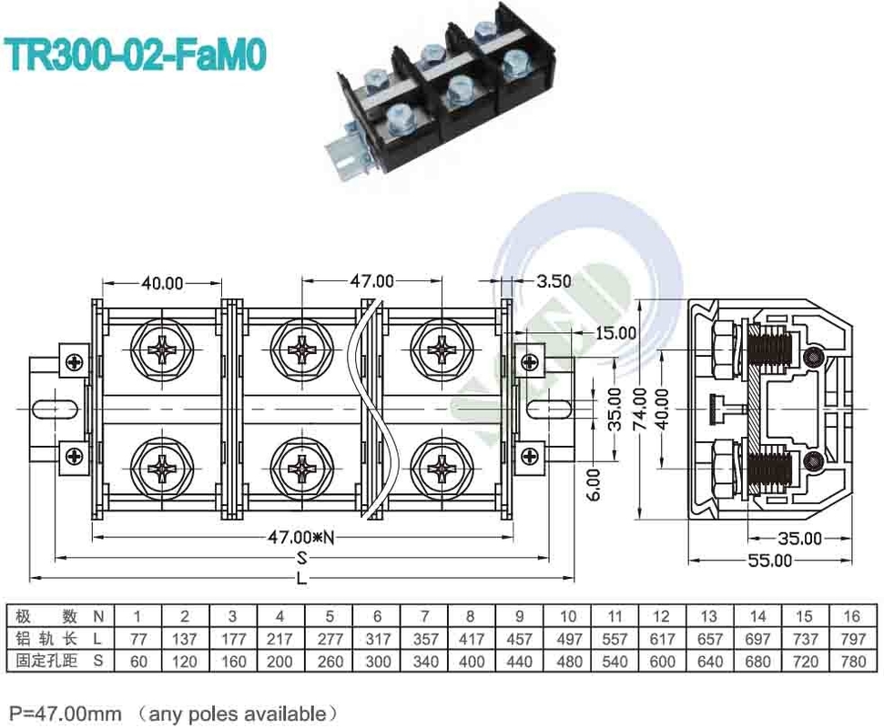 كتلة الطرف النهائي للوحة PCB 47.00mm 600V 300A PC Black Screw Terminal Connector