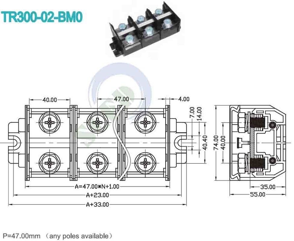 300A ريل ترمينال بلوك 47.0mm 600V الأسود مادة الكمبيوتر الشخصي