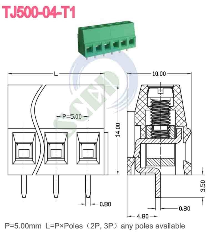 300 فولت 10A M3 المسمار 12-26 AWG وصلة كتلة الطرف PA66 مواد العزل الخضراء 5.08mm المسافة