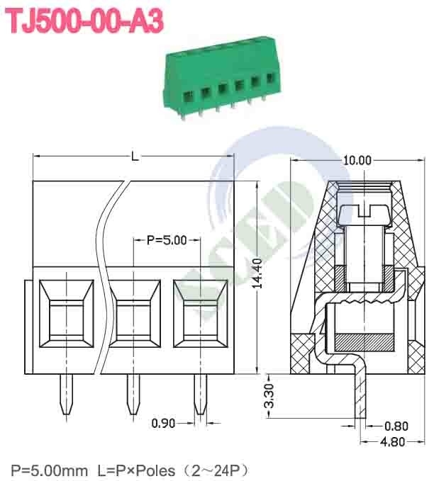 مساحة 5.00mm 300v PCB Terminal Block 10A 2P-24P الزاوية اليمنى سلك المدخل 12-26 AWG