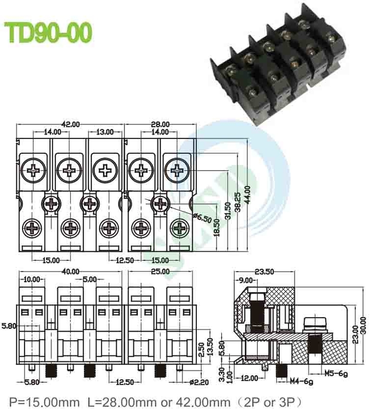 تغذية من خلال 90A 600V PA66 M5 بلوك محطة التثبيت 15.00mm 4-20 AWG